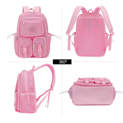 Pink Mesh Backpack for Girls Boys, Mesh Bookbags Heavy Duty Semi-Transparent School Bag for College, Travel, Beach, Swimming, Sports - color: Pink