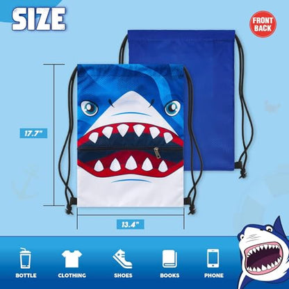 WAWASAM Kids Drawstring Backpack, Gym Swim Bag Cinch Bag for Girls Boys with Zipper Pocket - color: Shark a