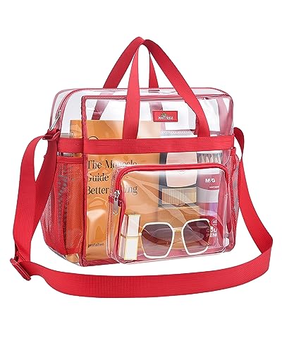 MAY TREE Clear Bag for Stadium Events 12×6×12 Clear Tote Lunch Bag with Reinforced Straps for Work, Sporting Events and Gym, Red - color: Red