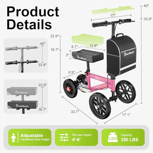 BlessReach Economy Steerable Knee Walker - Compact Crutch Alternative for Foot Injuries with Dual Braking System (Pink) - color: Pink