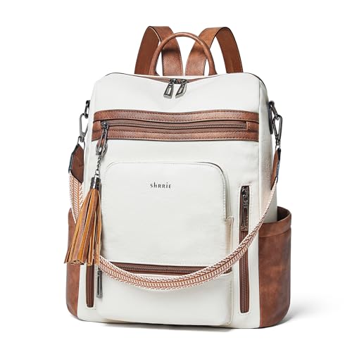 Shrrie Vegan Leather Laptop Backpack for Women 15.6 inch Work Backpack Fashion Travel Backpack Purse for Travel College Work - color: 1 Beige With Brown