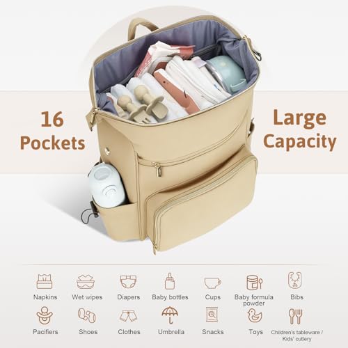 Lekesky Large Diaper Backpack with 16 Pockets, 1.52Lb Lightweight Durable Baby Bag, with Foldable Changing Pad & Pacifier Case, Anti-theft Pocket, Wipes Pocket, Easy to Clean, Khaki - color: Khaki