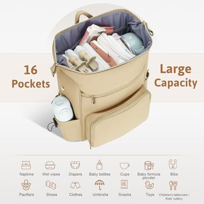 Lekesky Large Diaper Backpack with 16 Pockets, 1.52Lb Lightweight Durable Baby Bag, with Foldable Changing Pad & Pacifier Case, Anti-theft Pocket, Wipes Pocket, Easy to Clean, Khaki - color: Khaki