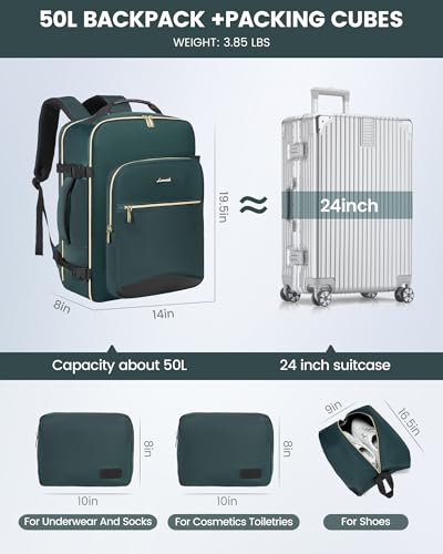 LOVEVOOK 50L Travel Backpack Flight Approved Carry on Backpack,3 Packing Cubes,Waterproof Personal Item Travel Bag,TSA Carry on Luggage Suitcase Travel Essentials,Gifts for Women & Men,fits 18" Laptop - color: Dark Green-black-2, size: X-Large-50L-4Pcs