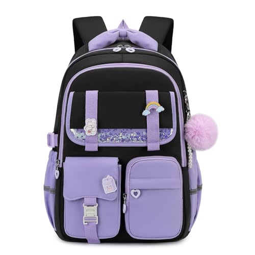 MUSEVOS Girls Backpack, Kids Backpack for Girls, School Bookbag for Teens Age 6-15, Large Capacity Water Resistant Backpack for Elementary to High School, Cute Travel Daypack, Black Purple - color: Black Purple