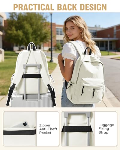 School Backpack for Girls Boys Bookbag Cute Aesthetic College Backpack Women Middle High School Teen Students Book Bag Lightweight Gym Work Laptop Casual Daypack Backpacks Men Beige - color: Beige