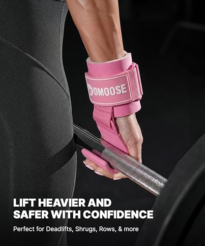 DMoose Fitness Weight Lifting Hooks (Pair) for Deadlifts, Pull Ups, Rows & Shrugs - Anti-Rip Nylon Strap Hand Grips with Thick Wrist Padding - Heavy Duty Wrist Straps for Weightlifting & Gym Workouts - color: All Pink