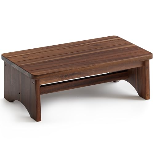 FANATU Extra Wide 26in Wooden Step Stool, Heavy Duty One Step Stool for Adults and Seniors, Holds Up to 550 lbs, Reinforced Cross Bar, Non-Skid Surface (Walnut) - color: Walnut