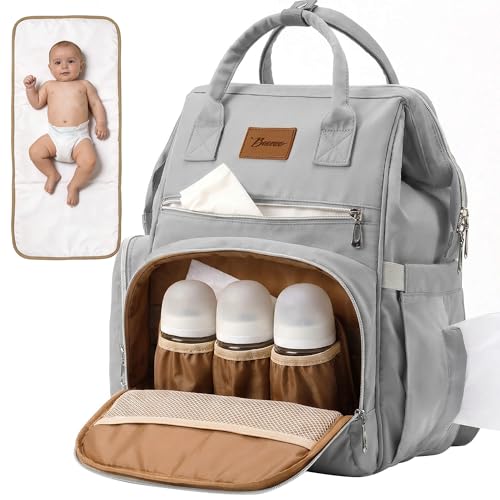 Diaper Bag Backpack, Large Capacity Baby Bag with Waterproof Changing Pad, Wet/Dry Pocket, Insulated Bottle Pockets, Stroller Straps and Luggage Sleeve, Unisex for Mom and Dad, 27L Grey - color: Grey, size: Large