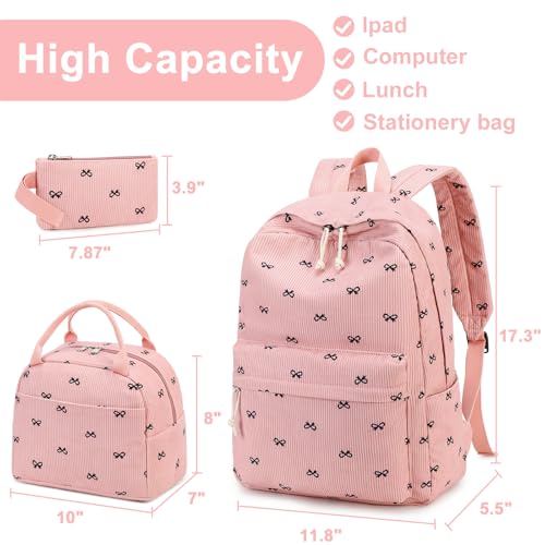 LEDAOU Kids Backpack for Girls Backpacks with Lunch Box, Lightweight Bookbag Set Elementary Middle School Back pack for 8-14 - color: Bow Pink Backpack