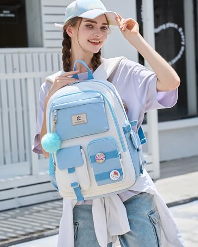 Hidds Laptop Backpacks 15.6 Inch School Bag Elementary Middle High College Backpack Cute Bookbags Anti Theft Travel Back Pack Casual Daypack Kids Book Bag for Teens Girls Women Students-Blue Beige - color: Blue Beige