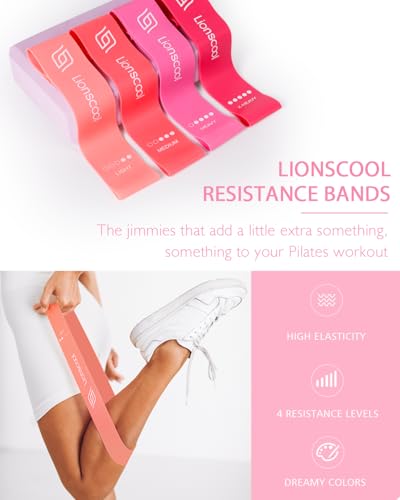 LIONSCOOL Pilates Ring Set – 14" Anti-Deformation Magic Circle with Padded Handles, Mini Ball, Resistance Bands, Guide & Bag - color: Pink