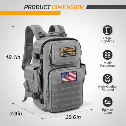 SHARKMOUTH Baby Diaper Bag for Dad - Military Diaper Backpack with Patches for Outdoor Hiking Travel Camping Park - Baby Shower Gifts Gray - color: Gray