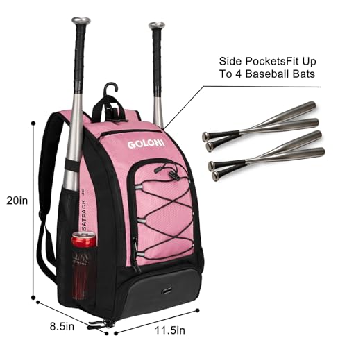 Goloni 40L Baseball Bag, Softball Bat Bag with Shoes Compartment,Fence Hook,Backpack for Baseball, T-Ball & Softball Equipment & Gear - color: Pink