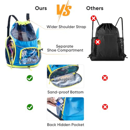 Mesh Drawstring Backpack with Shoe Compartment, Sandproof Beach Swim Bag with Wet Pocket, Pool Gym Shower Bag for Travel Summer Camp - color: Blue - Neon Yellow, style: Style a