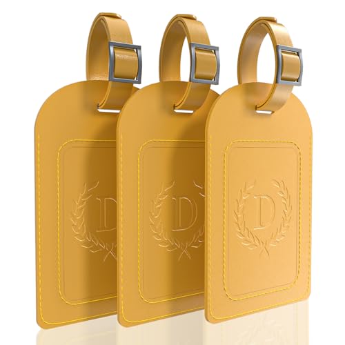 Alphabet Luggage Tags, 3 Pack Yellow Initial Bag Tags with Privacy Cover & Replaceable ID Card, Faux Leather Suitcase Tags for Travel, Flights & Cruises - style: Letter D