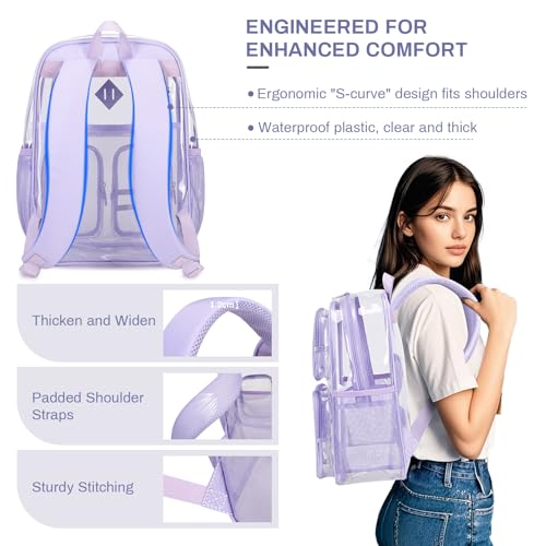 Clear Backpacks for School Heavy Duty Clear Bookbag Stadium Events Transparent Back Pack Girls Women, Purple - color: Purple