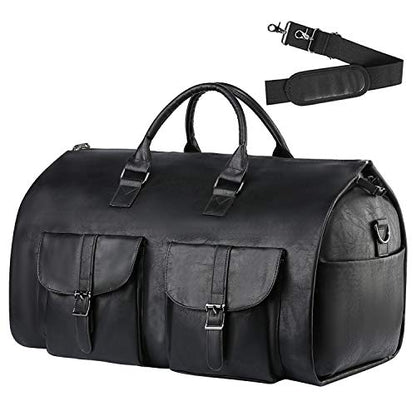 seyfocnia Convertible Travel Garment Bag,Carry on Garment Duffel Bag for Men Women - 2 in 1 Hanging Suitcase Suit Business Travel Bag - color: black-2pockets-Leather