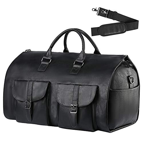 seyfocnia Convertible Travel Garment Bag,Carry on Garment Duffel Bag for Men Women - 2 in 1 Hanging Suitcase Suit Business Travel Bag - color: black-2pockets-Leather