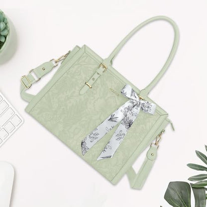 MOSISO Laptop Bag for Women, 15.6-16 inch PU Leather Tote Bag Compatible with MacBook, HP, Dell, Asus Notebook, Front Embossed Retro Hibiscus Computer Bags with Silk Scarf&Clutch Purse, Sage Green - color: Sage Green, size: 16 inch
