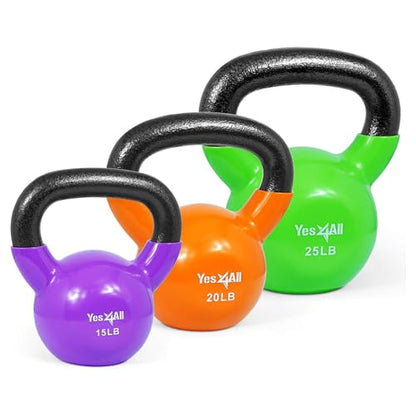 Yes4All Kettlebell, Vinyl Coated Kettlebell Cast Iron Sets with Stable Flat Bottom for Full Body Workout, Push up, Grip Strength Training & Weights Exercises - color: Multicolor, style: 15 - 25lb
