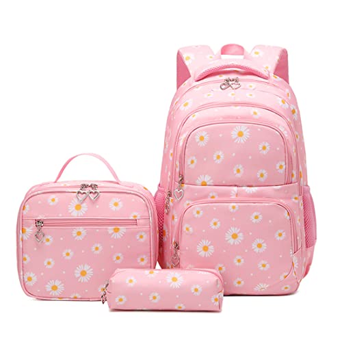 YJMKOI 3Pcs Daisy Prints Backpack for Girls Middle-School Elementary Students Bookbag Set with Lunch Box (Pink) - color: Pink