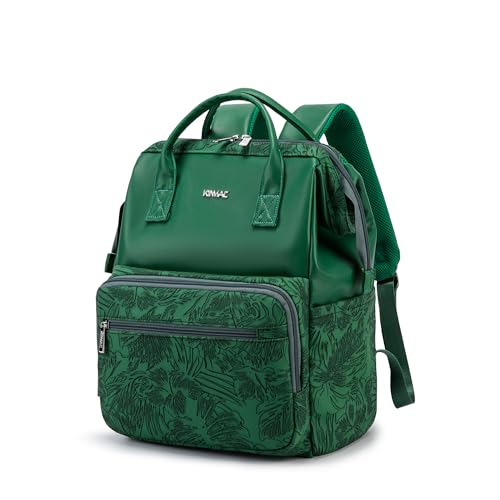 Kinmac Wide Open Style Laptop Backpack for Laptop Up to 15.6 Inch Men Women Travel Outdoor Backpack (Green Leaves PU) - color: Green Leaves Pu
