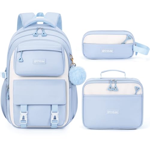 Fimibuke Backpacks for Girls, 3 PCS Waterproof School Backpack with Lunch Box & Pencil Pouch for Kids Teen Girl, Cute Bookbag School Bag for Elementary Middle High School Student Ages 6+(Blue) - color: Blue
