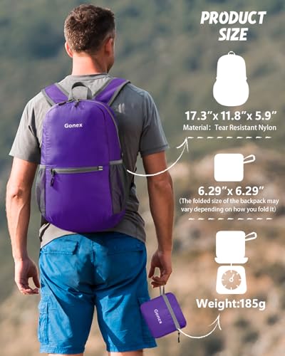 Gonex Packable Daypack Backpack 20L Lightweight Foldable Travel Bag - color: Purple