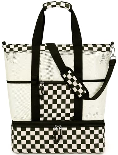 Bluboon Mesh Beach Tote Bag with Cooler Compartment Insulated Detachable Picnic Bag with Zipper and Pocket Pool Bag for Women - color: A-black and White Grid