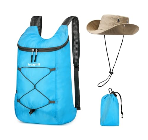 levayhill 16L Small Lightweight Foldable Backpack Sun Hats Travel Set,Blue | Compact Packable Daypack with Bucket Hat For Men Women, Collapsible Bag Quick-dry Outdoor Hiking Beach Summer Fisherman Hat - color: Blue