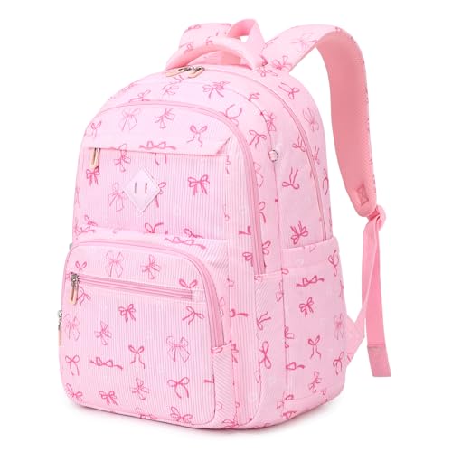 Sisipoet Girls Backpack, Corduroy School Backpack Multiple-pocket College Bookbag for Teen Girls Travel Backpack with Luggage Strap for Women, Pink Bow - color: Pink Bow