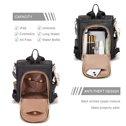 Soperwillton Women Fashion Backpack Purse Anti-Theft Leather Shoulder Bag Travel Multi Pockets Handbag Wallet Set 3pcs - color: Black