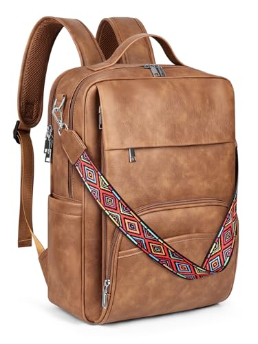 SYTRAH Leather Laptop Backpack for Women, 15.6 inch Computer Daypack Brown | Faux Leather Laptop Backpack: Dedicated 15.6" Laptop Compartment, 9-Pocket Organizer, Breathable Mesh Strap, Work & Travel - color: Brown