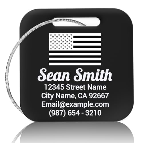 Luggage Tags for Suitcase - Engraved Black Personalized Stainless Steel Metal Tag - Custom Name Tags Suitable for Bags and Backpacks - color: Black, size: Square (2x2")