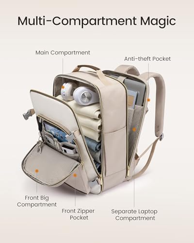 LOVEVOOK 40L Travel Backpack for Women & Men, Airline Approved Carry On Luggage with 3 Packing Cubes, TSA Overnight Bags, Waterproof Personal Item Bag, Weekender Essentials Backpacks fits 17" Laptop - color: Light Khaki-beige-coffee, size: Large