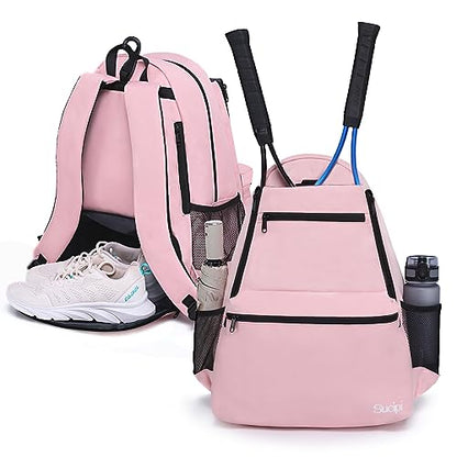 Sucipi Tennis Bag Professional Tennis Backpack for Men and Women Racket Bags Holds 2 Rackets with Ventilated Shoe Compartment - color: Pink with Shoes Compartment