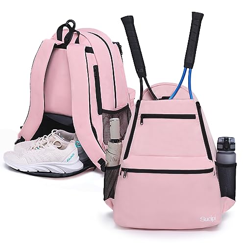 Sucipi Tennis Bag Professional Tennis Backpack for Men and Women Racket Bags Holds 2 Rackets with Ventilated Shoe Compartment - color: Pink with Shoes Compartment