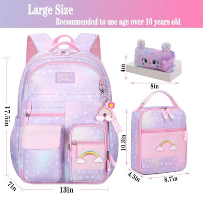 Jcobvig 3Pcs Kids Backpack For Girls,Cute Rainbow Student School Backpack With Lunch Bag Pen Bag Set (Purple Large 17.5in - color: Purple, size: Large