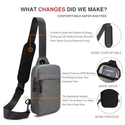 higouta Mini Sling Bag for Men Women, RFID Blocking Crossbody Backpack Casual Utility Chest Phone Bag for Travel Workout - color: Grey