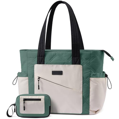 LOVEVOOK Tote Bag for Women, puffer tote bag for Work Travel Nurse, Lightweight quilted Bags with Compartments - color: M-15.6 Inch-celadon-beige-black