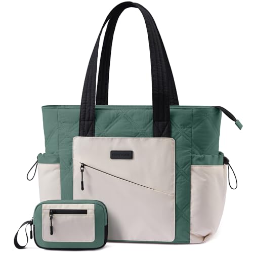 LOVEVOOK Tote Bag for Women, puffer tote bag for Work Travel Nurse, Lightweight quilted Bags with Compartments - color: M-15.6 Inch-celadon-beige-black