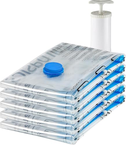 Amazon Basics Vacuum Storage Bags, Compression Space Saving for Clothes and Linens, Reusable with Hand Pump, Large, Clear, 5-Pack - size: Large