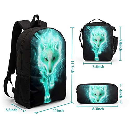 Giwawa Cyan Wolf Backpack 3-Piece Set, Cool Wilderness Animal Pattern Bookbag Lunch Bag Stationery Holder Case for School College Students Daily Essentials Camping Trips Outdoor Travel - color: Cyan Wolf