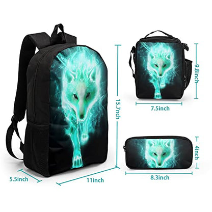 Giwawa Cyan Wolf Backpack 3-Piece Set, Cool Wilderness Animal Pattern Bookbag Lunch Bag Stationery Holder Case for School College Students Daily Essentials Camping Trips Outdoor Travel - color: Cyan Wolf