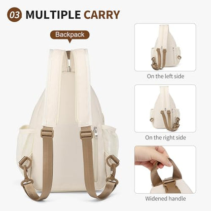 Crossbody Sling Bag with Water Bottle Holder, 8.3" Convertible Small Backpack Anti Theft Daypack, Chest Fanny Pack for Men Women, Beige - color: Beige