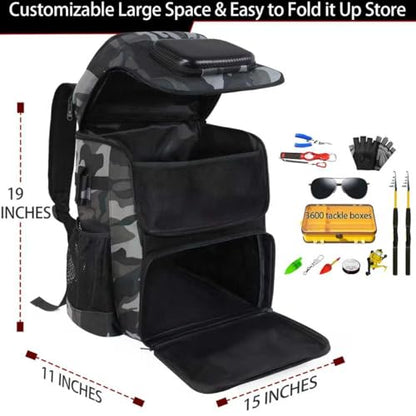 Fishing Backpack with Rod Holder, Large 50L Tackle Bag Water Resistant Tackle Backpack Heavy Duty Fishing Bag Gift for Men Woman - color: Camo Gray with 4 Tackle Boxes and 98 Fishing Tools