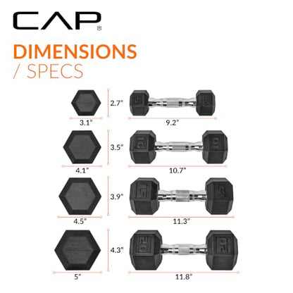 CAP Rubber Coated Hex Dumbbell Set with Storage Rack | 100–210 lb Options, Space-Saving Vertical Compact Storage for Home Gym Strength Training - size: 100 lb - Set, style: Chrome Handles