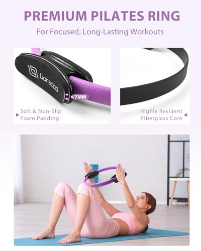 LIONSCOOL Pilates Ring Set – 14" Anti-Deformation Magic Circle with Padded Handles, Mini Ball, Resistance Bands, Guide & Bag - color: Pilates Ring Set - Lilac Frost