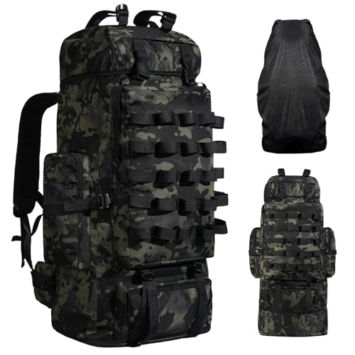 70L/100L Camping Hiking Backpack with Rain Cover, Expandable Large Military Tactical Backpack, Waterproof Molle Racksack Travel Backpacking Daypack for Climbing Trekking (Black CP) - color: Black Cp